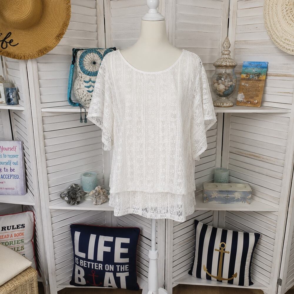 Nu Options Ivory Lace Overlay Semi Sheer Kimono Sleeve Top Gathered Waist SZ‎ L